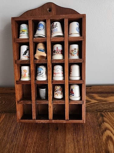 Wooden Display Case With 15 Porcelain Souvenir Thimbles