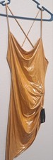 Fashion Nova Send A Spark Metallic Midi Dress Mustard Gold Ruched Size S NWT