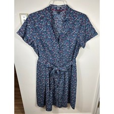 Brooks Brothers Shirt Dress Women 16 Blue Floral Ditsy Stretch Cotton Tie Waist
