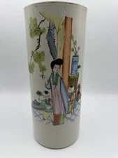 Antique Chinese Famille Rose Porcelain Brush Pot Vase 11.5’’T