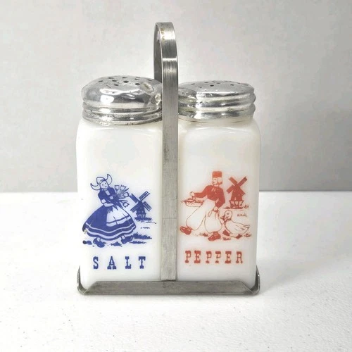 Antique Hazel Atlas Milk Glass Salt & Pepper Shaker Set Dutch Boy & Girl W/Stand