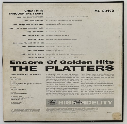 THE PLATTERS - Encore of Golden Hits - Vinyl LP- MG 20472 MONO VG+ - Picture 2 of 4
