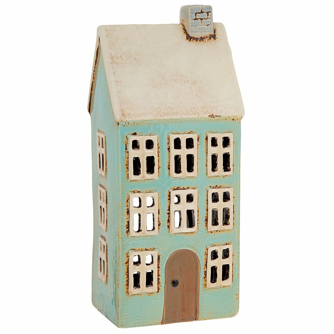 Village Pottery Tall Blue House Tealight