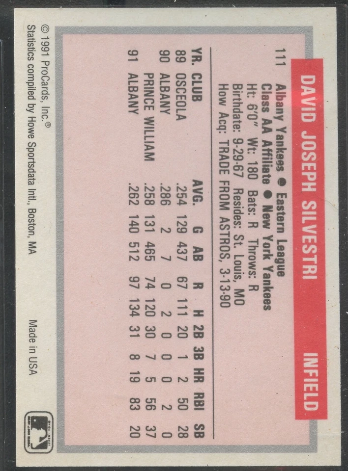 1991 ProCards Minor League #111 Dave Silvestri Albany Yankees - Image 2 of 2