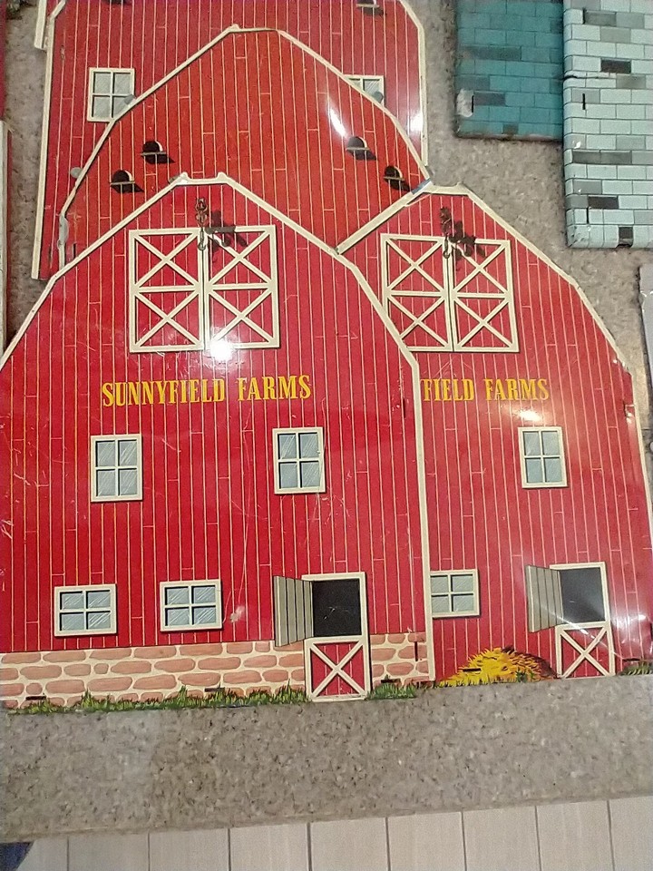 Vintage Ohio Art Tin Sunnyfield Farms Tin Litho Red Barn Parts and