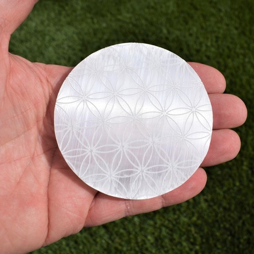 Selenite Round Charging Station Disc Plate 3" Flower of Life Etched + Baby Heart - Picture 6 of 11
