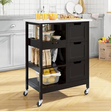 Small Solid Wood Top Kitchen Island Cart on Wheels with Storage, Rolling Portabl