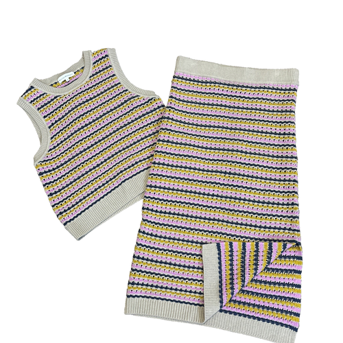 White + Warren Striped Crochet Skirt Set - Sleevless Linen Blend - Retail $495 - 第 1/12 張圖片