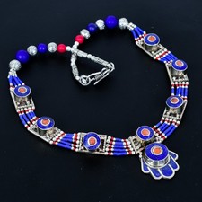 Collana etnica tibetana nepalese argento sterling 925 corallo rosso lapislazz...