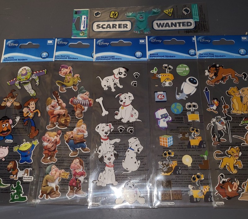 6 NEW, EK Jolees Stickers; Dalmatians, Wall-E, Lion King, Toy, Dwarfs & Monsters