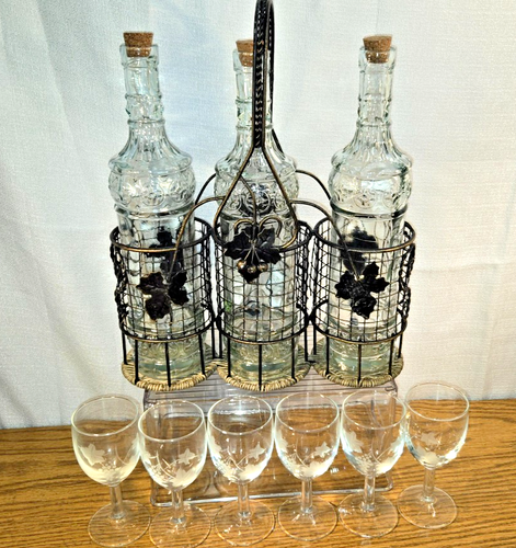 Vintage Wine Bar Set – 6 Etched Grapevine Glasses & 3 Embossed Bottles & basket - Picture 2 of 7