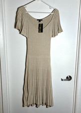 Ming Suit Collection Cocktail Dress 10 Beige w/Gold Metallic Pleated Midi