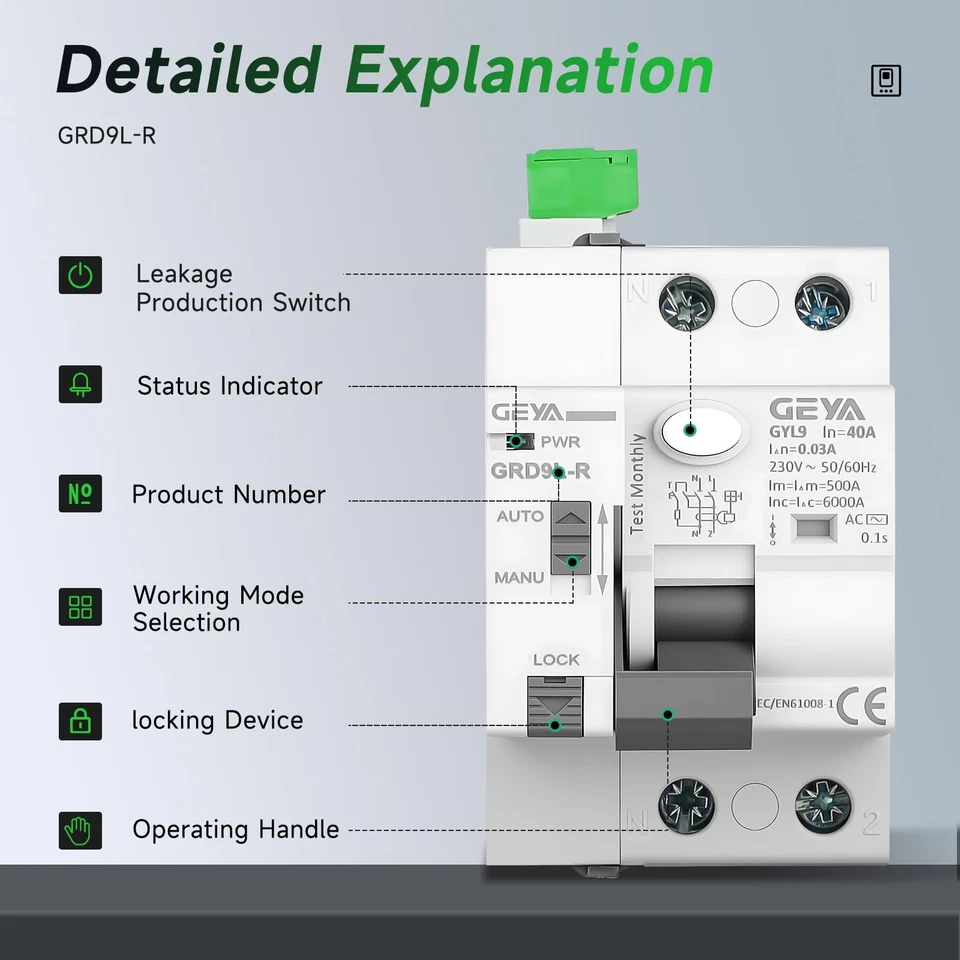 25A 30mA Interruttore di Protezione da Perdite Tipo AC con Interruttore a 2 Poli - Immagine 2 di 4