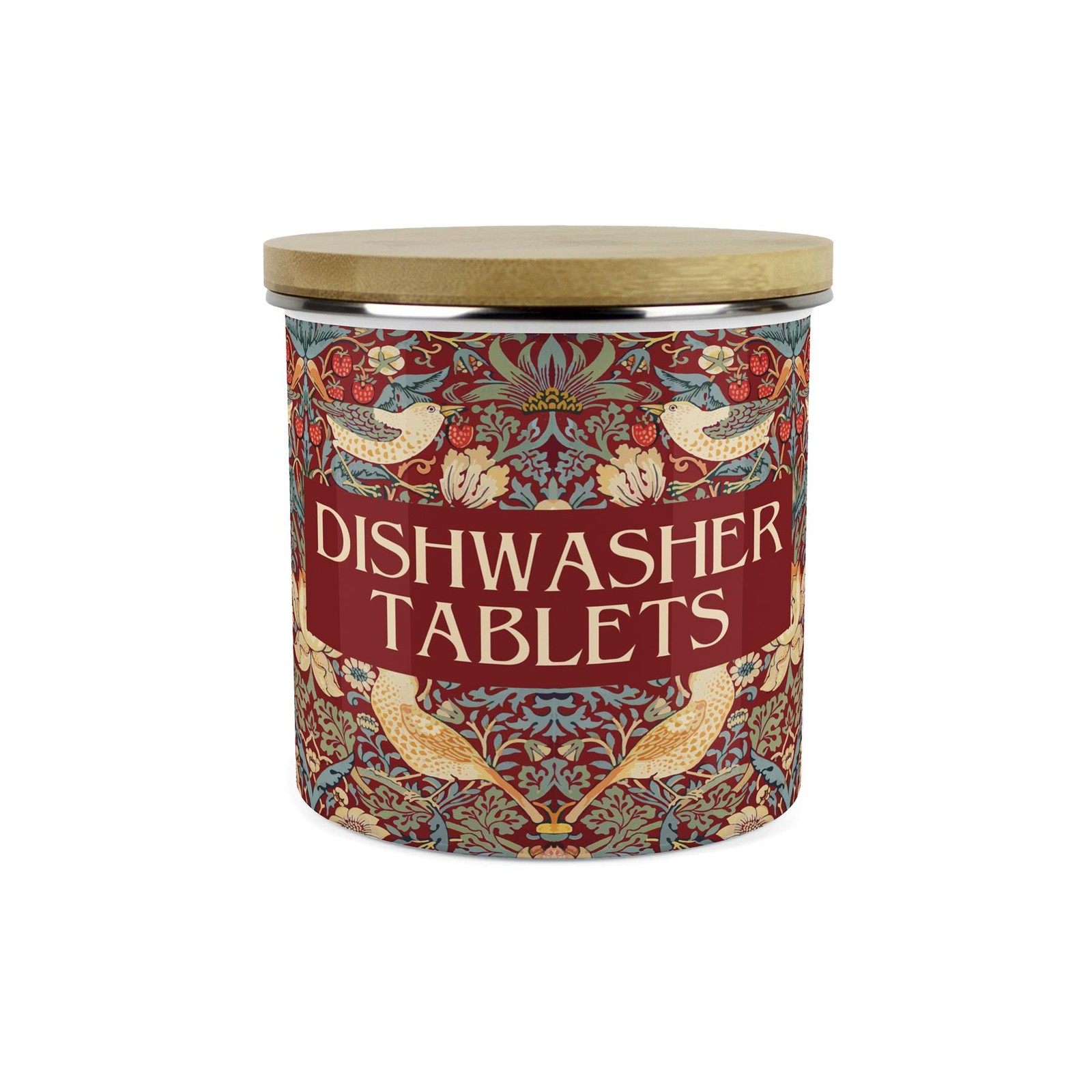 Red Strawberry Thief Dishwasher Tablets Storage Canister - Enamel & Bamboo Jar