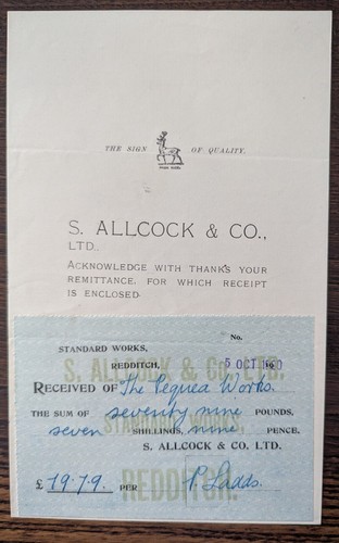 1920 S. Allcock & Co., Redditch, England Letterhead / Receipt