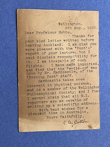 1923 NUOVA ZELANDA LETTERA FIRMATA GEOLOGO CHARLES COTONE! AUTOGRAFO SCIENZIATO!! - Foto 2 di 4
