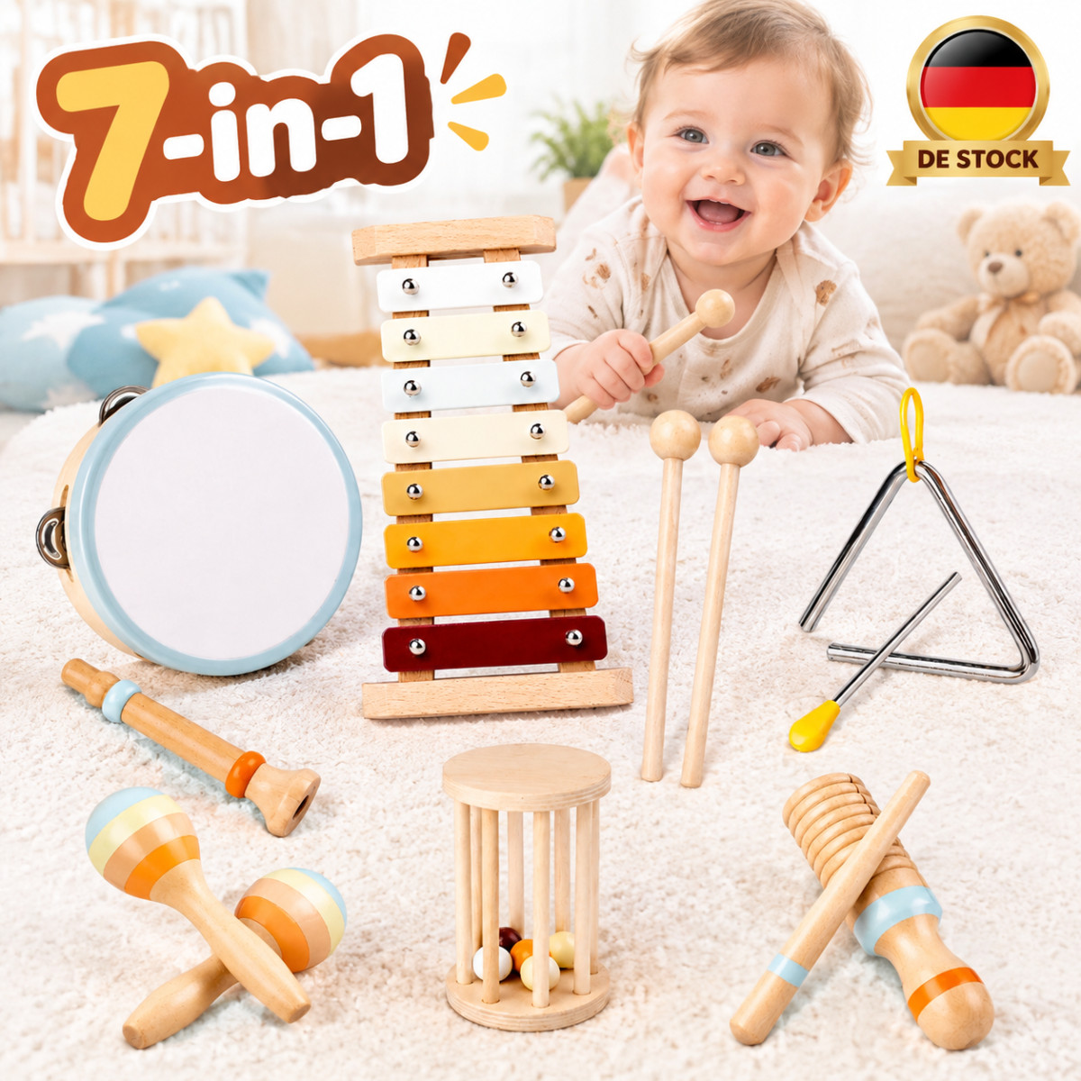 Holzspielzeug Montessori-Spielzeug Set 10 Musikinstrumente Xylophon Glatt Kinder
