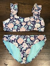 Girls Raisins Tulum Pink Blue Floral Ruffle 2 Piece Bikini Swimsuit Set 12 EUC