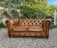 Beautiful Chesterfield Brown Leather Tufted 3 Seater Sofa Rolled Arms