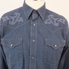 Rock 47 Wrangler Men's M Pearl Snap Embroidered Blue Western Shirt Rockabilly