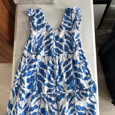 Rachel Zoe Linen Blend Mini Dress Blue White Abstract Ruffle Sleeveless Size xs 
