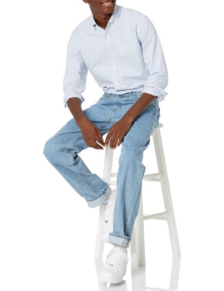 Amazon Essentials Herren Oxford-Hemd Langarm Normal Blau Streifen GrößE L-image