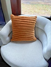 CB2 18x18 Rust Orange Channeled Velvet Quilted Pillow And Down Insert EUC