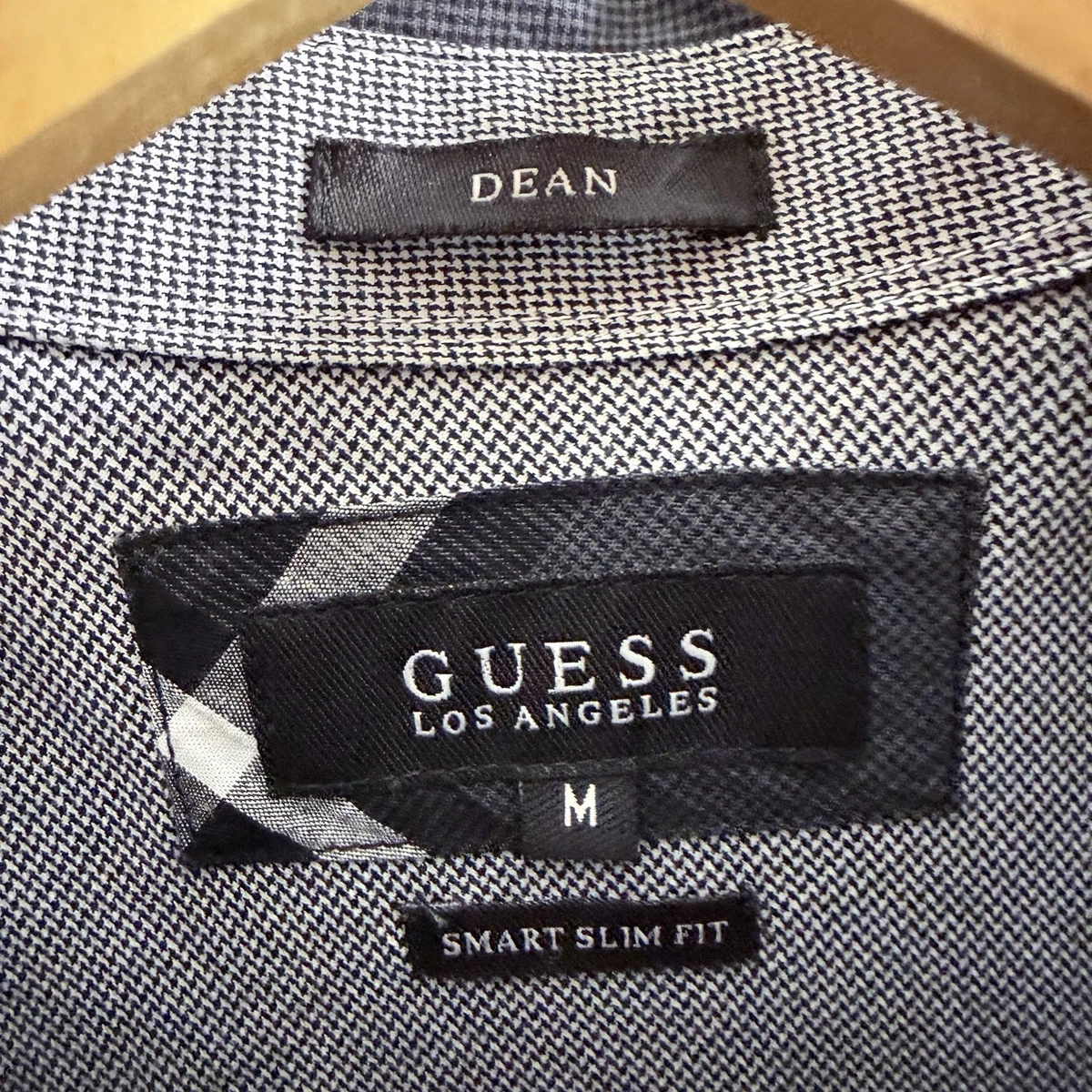 Camisa con botones Guess para hombre mediana delgada a cuadros arte decano negra puño abatible LS algodón