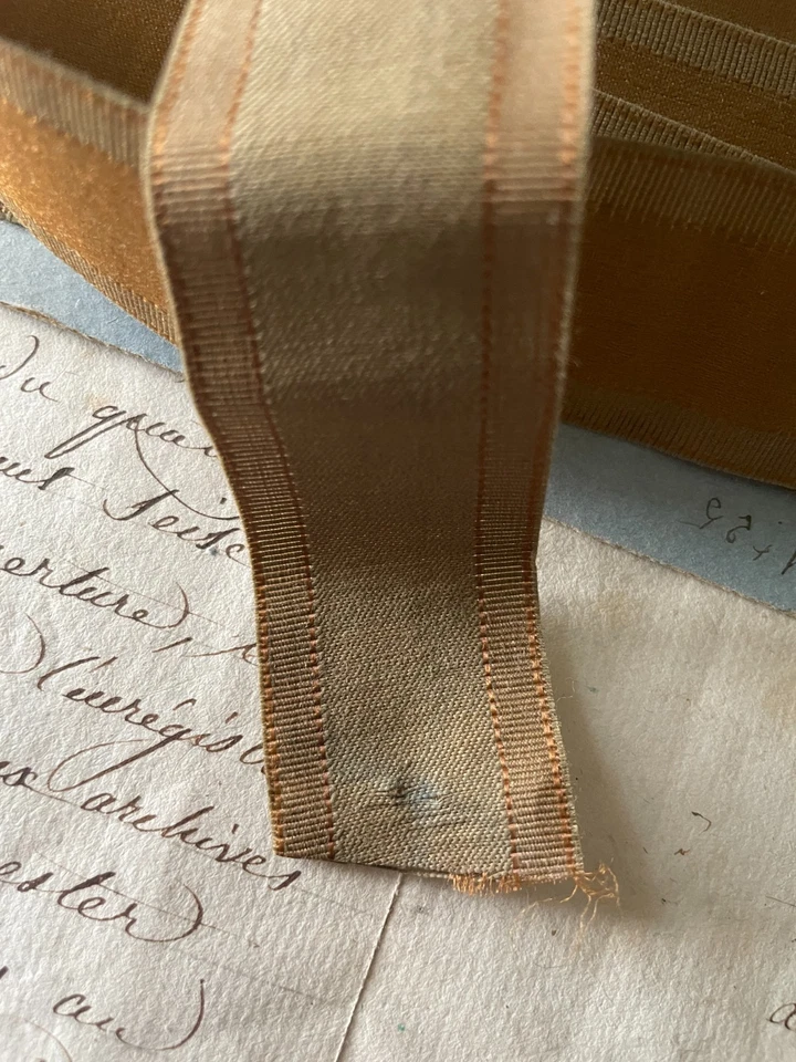 Antique French Silk Ribbon Dark Gold with Mid Sage Green Grosgrain Edge 19 yds - Image 3 of 3