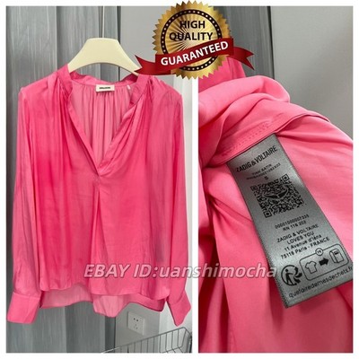  AUTHENTIC Zadig & Voltaire Women Peach Pink Silk V-Neck Long Sleeve Shirt XS-M