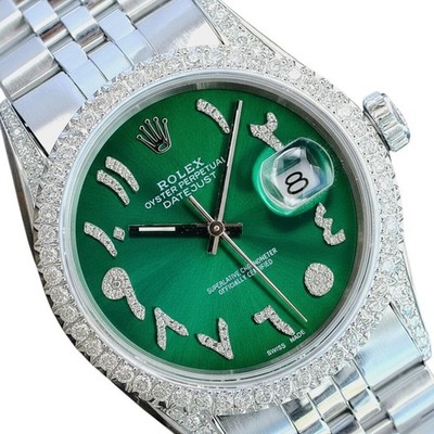 Rolex Mens Datejust 36mm Stainless Steel Watch Green Arabic Dial