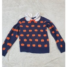 Janie and Jack Blue Orange Pumpkin Bow Halloween Fall Autumn Cozy Sweater Girl 6