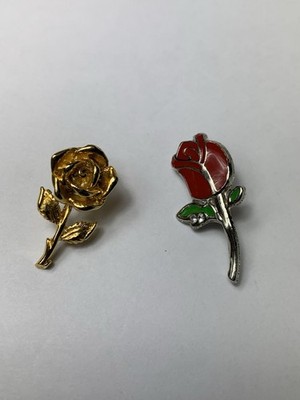 Vintage Rose Brooch Pin Set of 2 Gold Tone & Red Enamel Floral 1 Inch