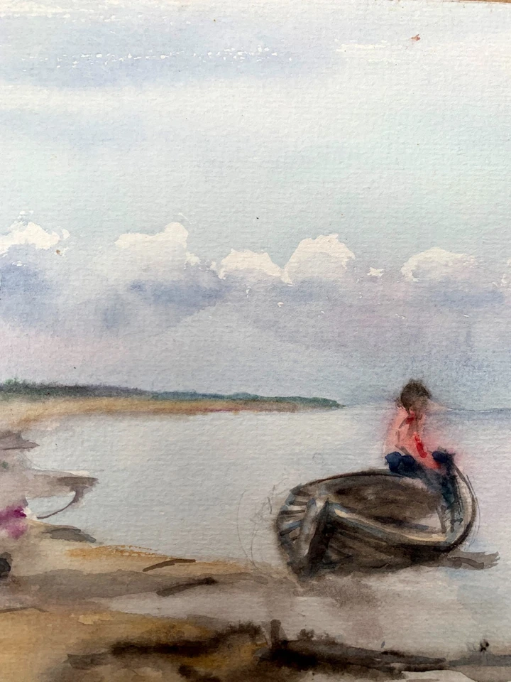 Pintura Acuarela Esperando a un Hombre Artista Desconocido Original nAAA3523 Foto 4 de 4