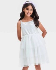 Girls' Size Small 6 7 Sleeveless Tiered Tulle Sequin Dress - Cat  Jack Cream