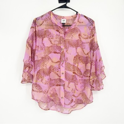 Cabi Pink Minx Leopard Cheetah Print Bell Sleeve Semi Sheer Blouse Size Small