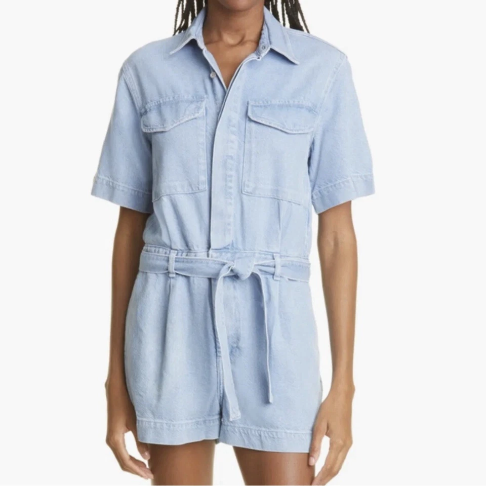 rag & bone Tie Waist Denim Utility Romper Size Large MSRP $350 - Image 2 of 4