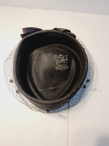 VINTAGE schwarz DOKIN Filz 100 % Wolle Pillendose Schleife Schleier Mütze Bollman & Co USA - Bild 5 von 8