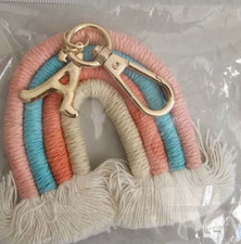 Rainbow Keychain Pastel Charm Initial Letter A Tassel Gold Tone Pink Blue White