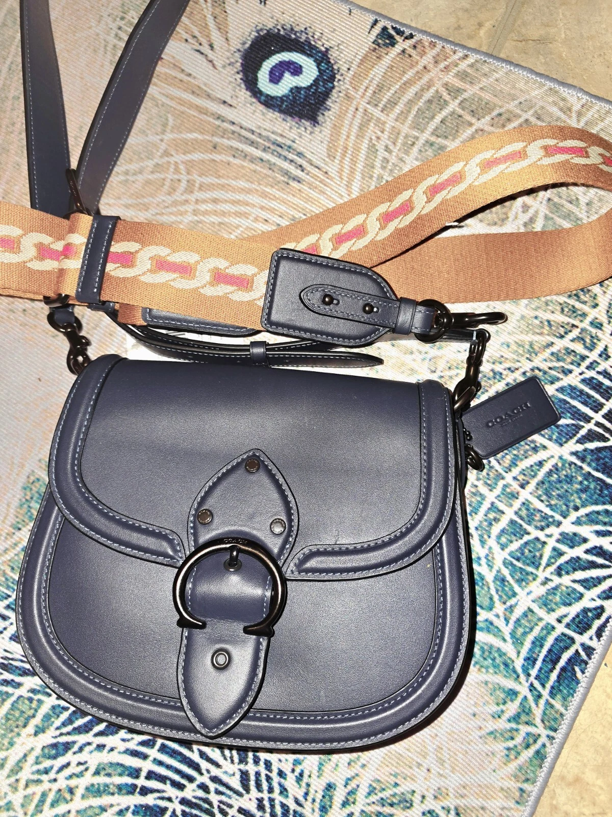 Borsa a tracolla Coach Beat Saddle Midnight Navy in pelle conciata a guanto C3738 nuova con etichette 2 cinturini