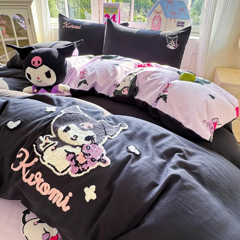 Lindo juego de cama Kuromi Melody Cinnamoroll sábana plana funda nórdica funda de almohada Foto 2 de 4