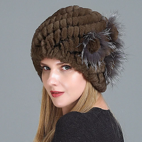 Damen Echt Rex Kaninchenfell Beanie Mütze Winter Warm Mütze mit Fuchs Handarbeit Geflochten - Bild 29 von 52