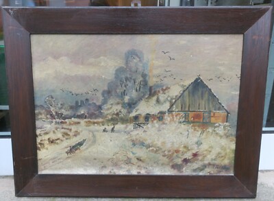 T. Nölting Gemälde Winter / Winterlandschaft Kinder mit Schlitten vor Bauernhaus