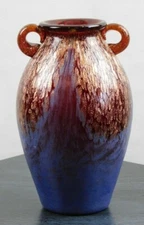 Double handled, ruby with gold highlights and purple accent, art glass vase