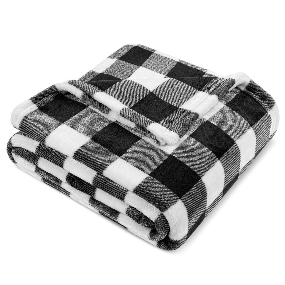 Black and White Buffalo Plaid Fleece Throw Blanket for Couch, Soft