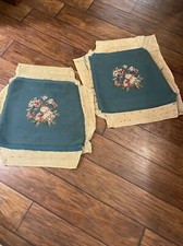 Vtg Paragon Floral Center Teal Needlepoint Seat Covers 19.5x16  - 2