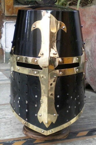 Medieval Knight Helmet Crusader Great Helm Brass Fittings Black Reenactment LARP - Picture 2 of 3