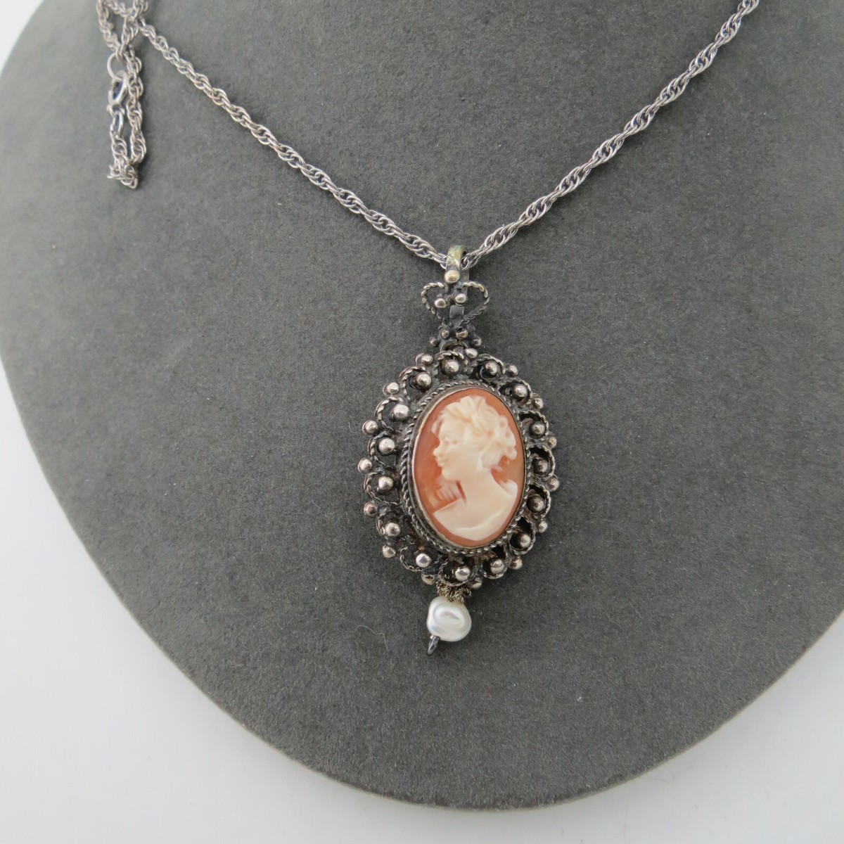 Vtg Sterling Silver Carved Shell Cameo Pendant Necklace Freshwater Pearl  Dangle