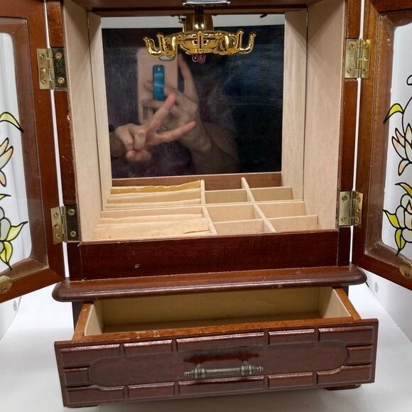 Vintage Wooden Jewelry Box Armoire Style Mirror Drawer 2 Glass