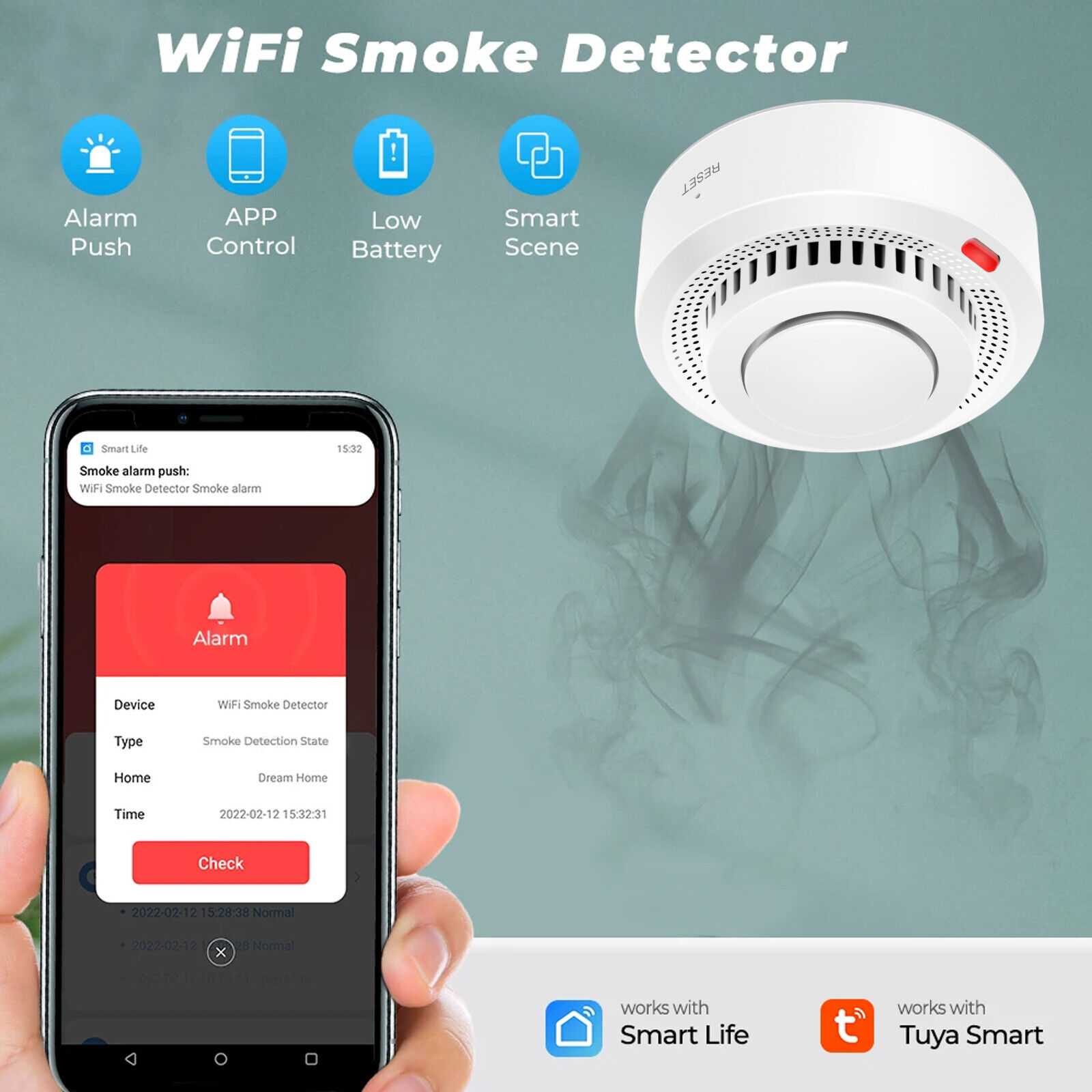 Wi-Fi Rauchmelder WLAN Smart Feuermelder mit Batterien Smartlife Funkrauchmelder